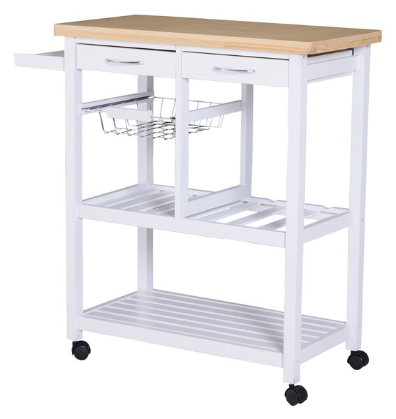 Carrello da Cucina in Legno con 2 Ripiani e Cassetti Bianco 84,5x37,2x85 cm