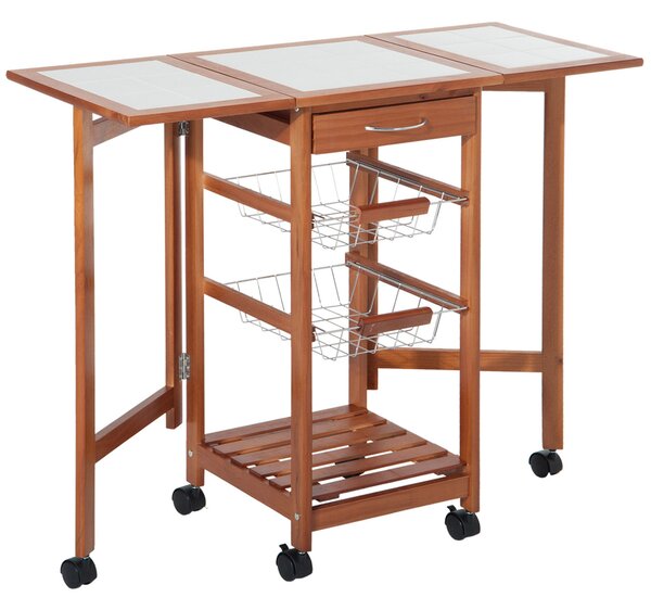 Carrello da Cucina Servizio Ausiliare in Legno e Metallo Cromato con 6 Ruote e Cassetto