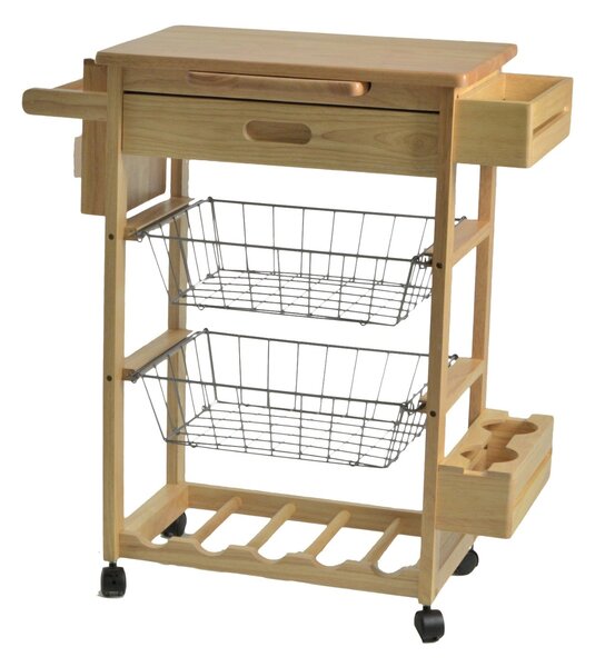 Carrello da Cucina in Legno della Gomma Piano 2 Cestelli e Cassetto 74,5x40H82cm