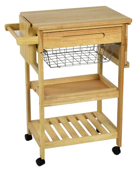 Carrello da Cucina in Legno della Gomma 2 Piani Cestello e Cassetto 65x40H83cm