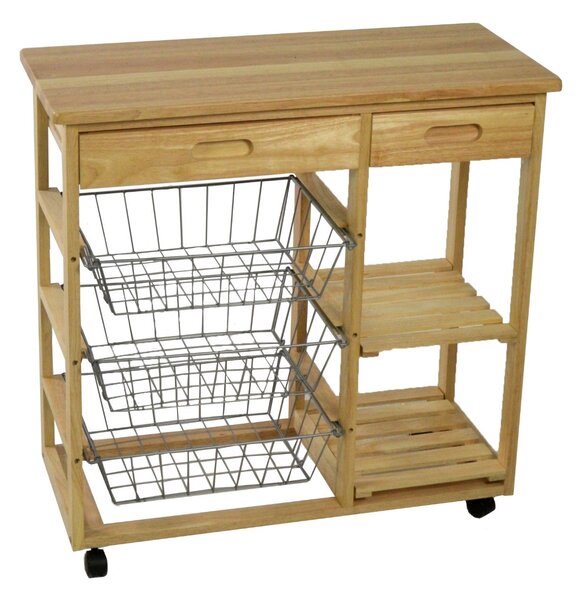 Carrello da Cucina in Legno della Gomma 2 Piani 3 Cestelli 2 Cassetti 81x39H85cm