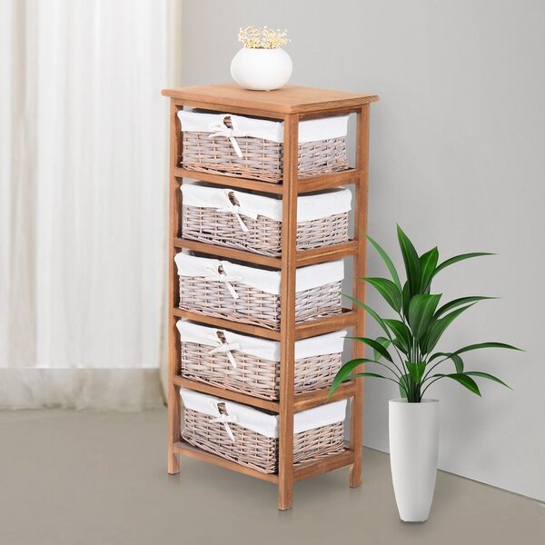 Mobiletto con 5 Cesti per Casa in Vimini e Legno di Platano legno e bianco 40x29x90 cm