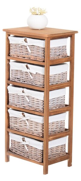 Mobiletto con 5 Cesti per Casa in Vimini e Legno di Platano legno e bianco 40x29x90 cm