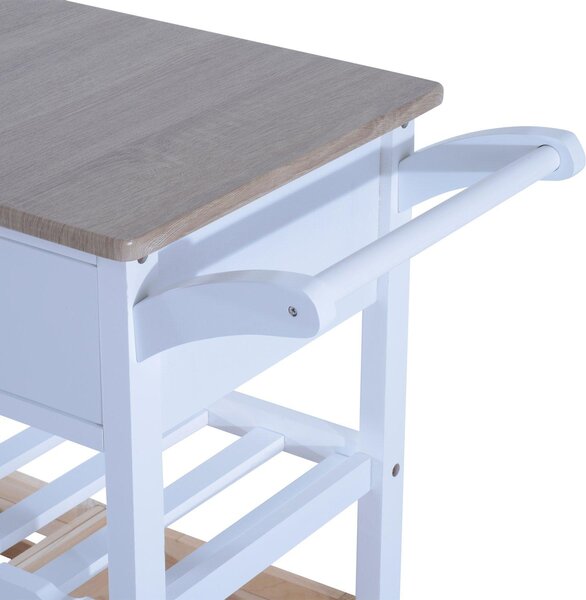 Carrello da Cucina Multifunzionale con 2 Ceste e Portabottiglie in Legno di Pino Bianco 70x40x86 cm