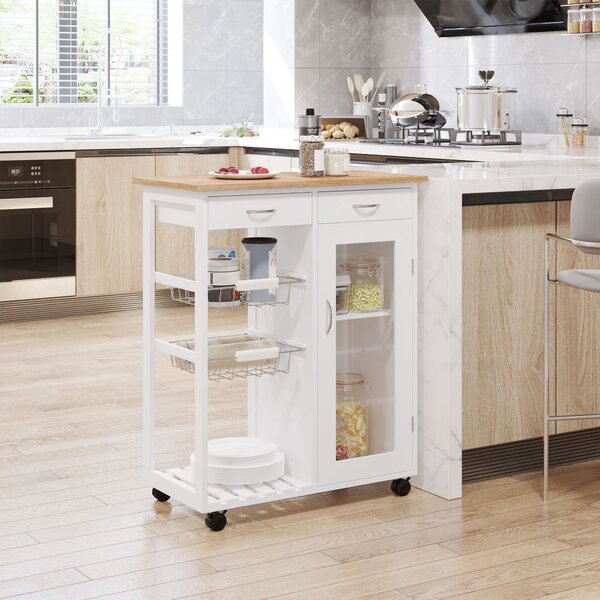 Carrello da Cucina con Cassetti e 2 Cesti in Legno di Pino Bianco 70x37x85 cm
