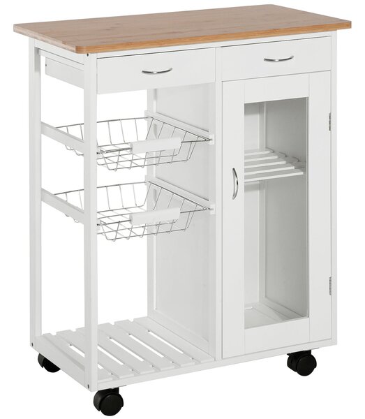 Carrello da Cucina con Cassetti e 2 Cesti in Legno di Pino Bianco 70x37x85 cm