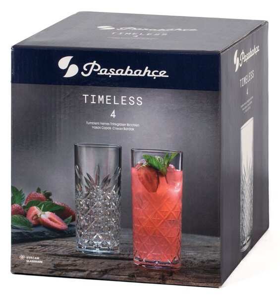 Set 4 bicchieri tumbler long drink Timeless in vetro intagliato trasparente cl 36,5