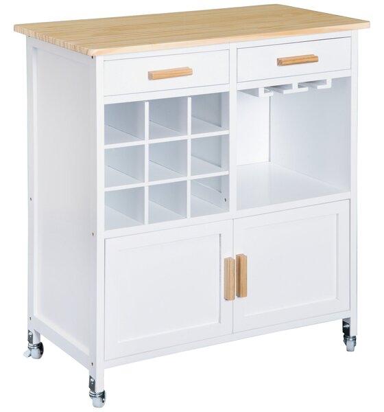 Mobiletto da Cucina con Ruote Portabottiglie e Porta bicchieri in Bambù 76x40x88 cm