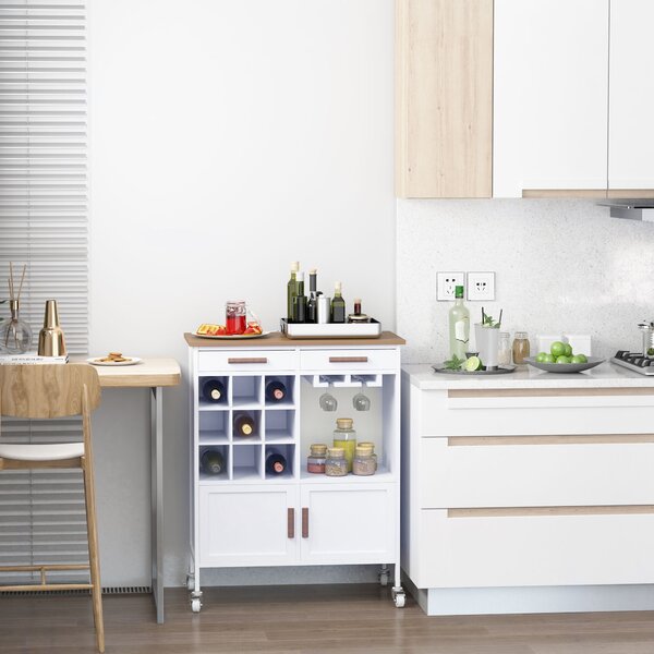 Mobiletto da Cucina con Ruote Portabottiglie e Porta bicchieri in Bambù 76x40x88 cm