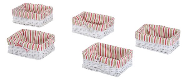 Mobiletto Cassettiera con 5 Ceste in Legno Vimini e Tessuto Bianco 40x29x90 cm