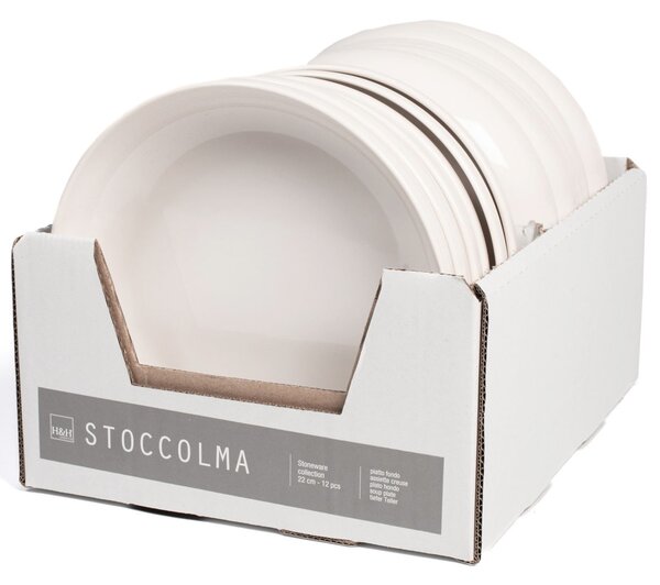 Set 12 piatti fondi Stoccolma in stoneware bianco cm 22