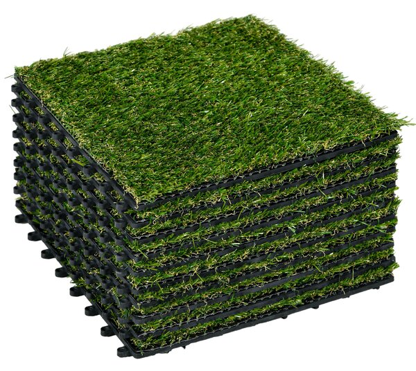 Set 10 Piastrelle 30x30 cm Erba Finta 20 mm Prato Artificiale Sintetico Realistico Verde Scuro