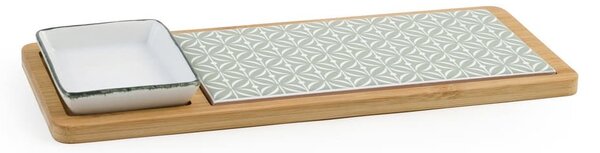 Tagliere Umami in bambù con inserto in stoneware decorato e coppetta in porcellana bianca cm 12x30