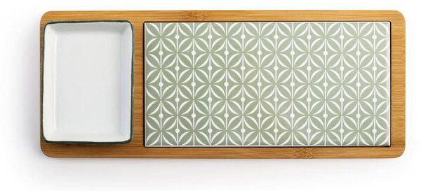 Tagliere Umami in bambù con inserto in stoneware decorato e coppetta in porcellana bianca cm 12x30
