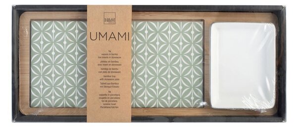 Tagliere Umami in bambù con inserto in stoneware decorato e coppetta in porcellana bianca cm 12x30