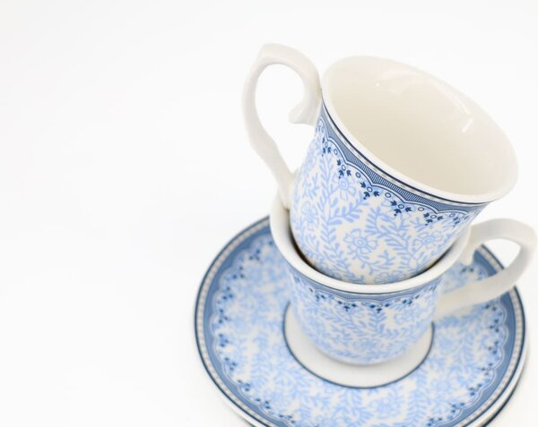 Set 2 tazze caffè con piattino Blue Dream in porcellana bianca decorata blu 80 cc