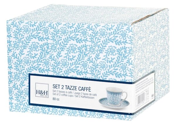 Set 2 tazze caffè con piattino Blue Dream in porcellana bianca decorata blu 80 cc