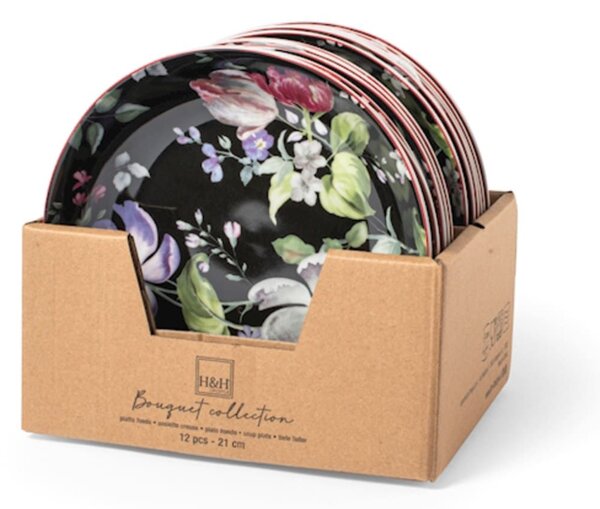 Set 12 piatti fondi coupe Bouquet in porcellana nera decorata cm 21