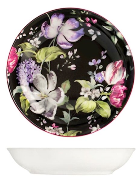 Set 12 piatti fondi coupe Bouquet in porcellana nera decorata cm 21