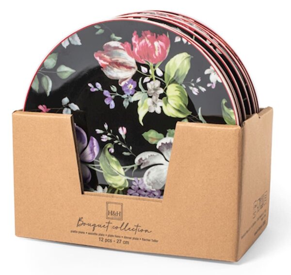 Set 12 piatti piani coupe Bouquet in porcellana nera decorata cm 27