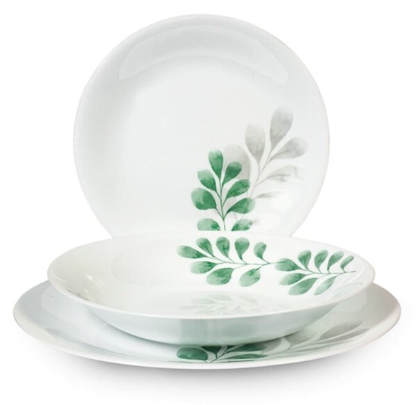 Set 6 piatti piani Botanica in vetro opale bianco decoro verde cm 27