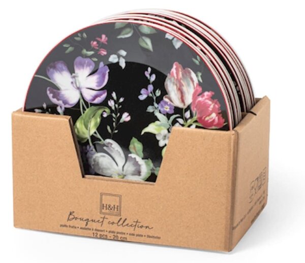 Set 12 piatti frutta coupe Bouquet in porcellana nera decorata cm 20