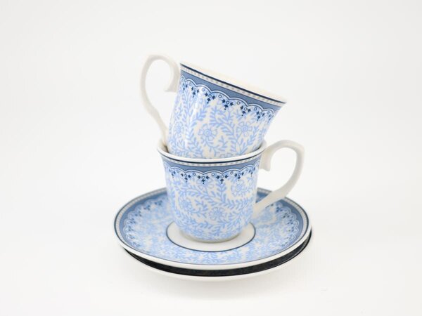 Set 2 tazze caffè con piattino Blue Dream in porcellana bianca decorata blu 80 cc