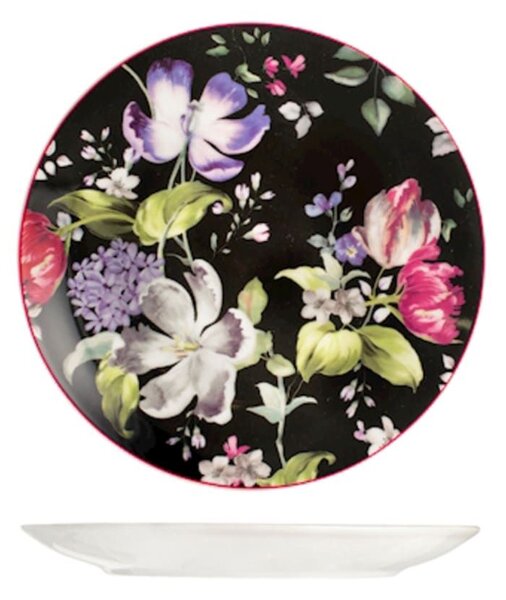 Set 12 piatti frutta coupe Bouquet in porcellana nera decorata cm 20