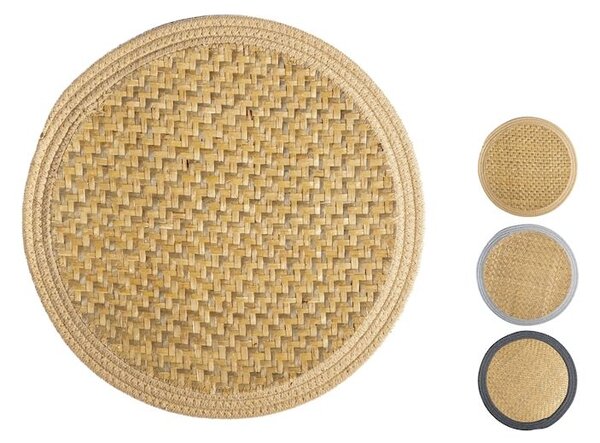 Set 6 tovagliette tonde in giunco con bordo in cotone colori assortiti cm 38