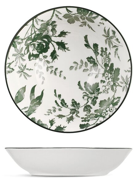 Set 6 piatti fondi Margaret in porcellana bianca decorata verde cm 20