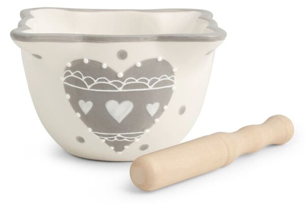 Mortaio Cuore Grigio in ceramica con pestello in legno