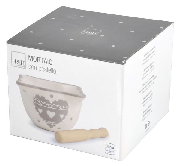 Mortaio Cuore Grigio in ceramica con pestello in legno