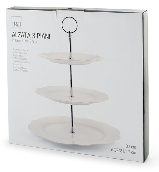 Alzata 3 piani in new bone china festonata colore avorio con manico cromato cm 27-21-19