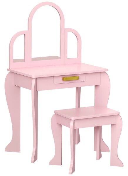 HOMCOM Tavolo per Trucco per Bambine 3-6 Anni con Sgabello, Cassetti e Specchio Coordinato in Acrilico, in MDF e Legno di Pino, Rosa|Aosom