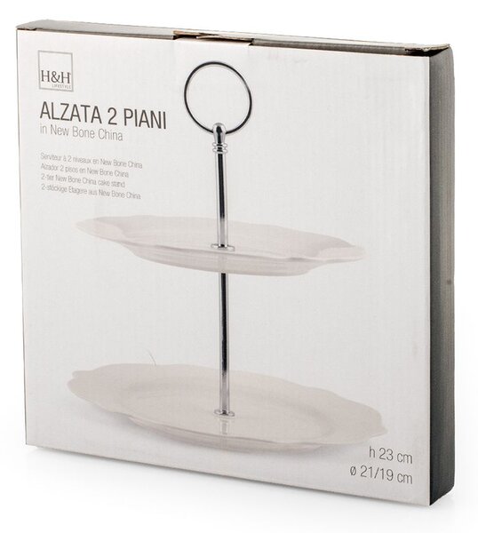 Alzata 2 piani festonati in new bone china manico cromato colore avorio cm 21 - 19