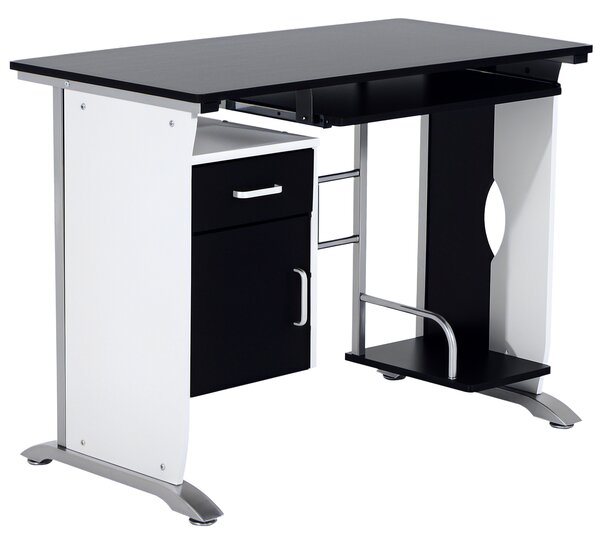 HOMCOM Scrivania per Computer con Ripiano, Cassetto e Armadietto, in MDF e Ferro, 100x52x75 cm, Bianca e Nera