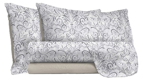 Set lenzuola Matrimoniale stampa sopra Sotto e Federe Ornato Grigio