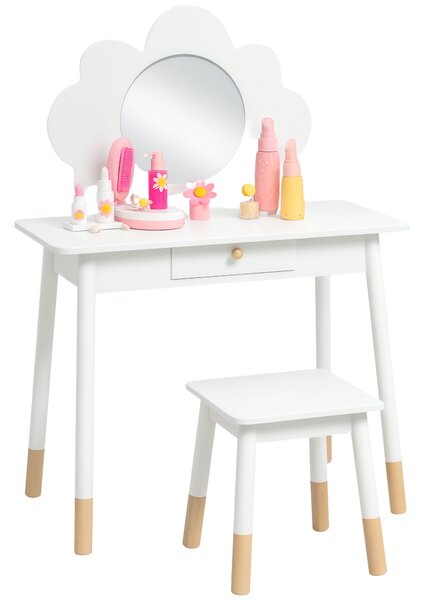 AIYAPLAY Set da Trucco per Bambine 3-6 Anni con Sgabello e Tavolo Toeletta con Specchio e Cassetto in Legno Bianco