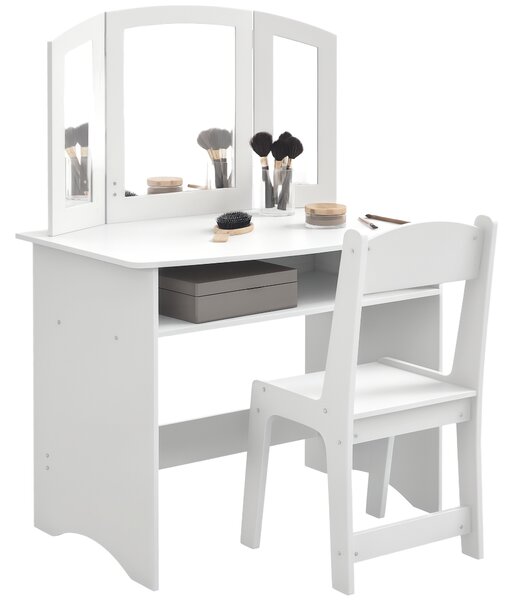 AIYAPLAY Set da Trucco per Bambini con Tavolo Toeletta con Specchio Triplo Rimovibile e Sedia in Legno Bianco