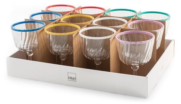 Set 12 calici assortiti in acrilico trasparente bordo colorato cl 25