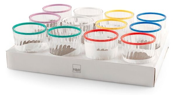 Set 12 bicchieri assortiti in acrilico trasparente bordo colorato cl 43