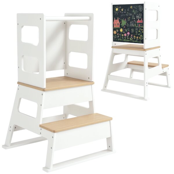 AIYAPLAY Scala Montessori per Bambini con Lavagna e Ringhiera, struttura trapezoidale in Legno, 55x52.5x87.5 cm, Bianco e color Legno|Aosom Italy
