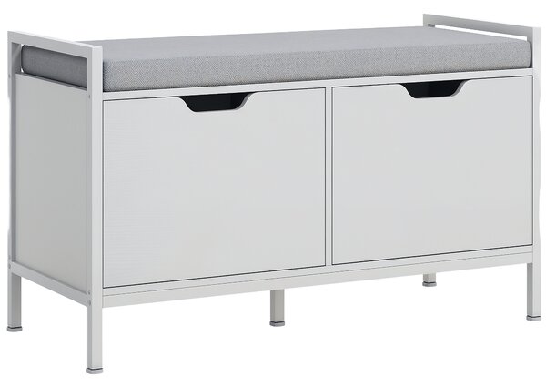 HOMCOM Panca Scarpiera a 2 Armadietti con Cuscino, in Tessuto Effetto Lino, Legno e Acciaio, 84x35x50 cm, Bianco
