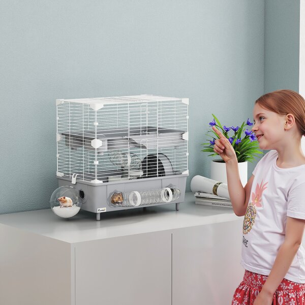 PawHut Gabbia per Criceti a 2 Livelli e 3 Porte con Ruota e Tubi, in Acciaio, PS e PP, 44.5x28x44 cm, Grigio e Bianco | Aosom Italy
