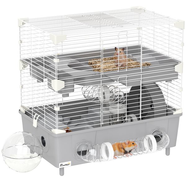 PawHut Gabbia per Criceti a 2 Livelli e 3 Porte con Ruota e Tubi, in Acciaio, PS e PP, 44.5x28x44 cm, Grigio e Bianco | Aosom Italy