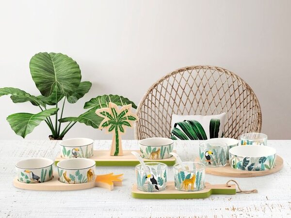Tagliere tondo con manico Caribe in porcellana decorata e bambu