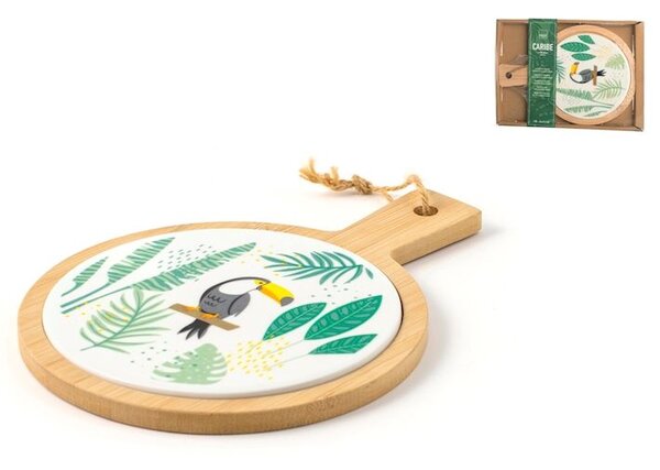 Tagliere tondo con manico Caribe in porcellana decorata e bambu