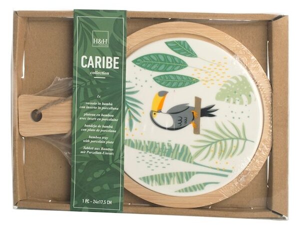 Tagliere tondo con manico Caribe in porcellana decorata e bambu
