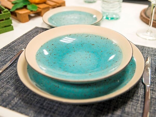 Set 6 piatti fondi Mimosa in stoneware azzurro cm 22