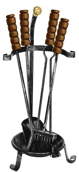 Gruppo per camino in Ferro battuto pomolo in Ottone Dimensione h 56 cm - Peso 2,9 kg 5 pezzi manicatura in legno lavorazione artigianale in stile classico made In Italy